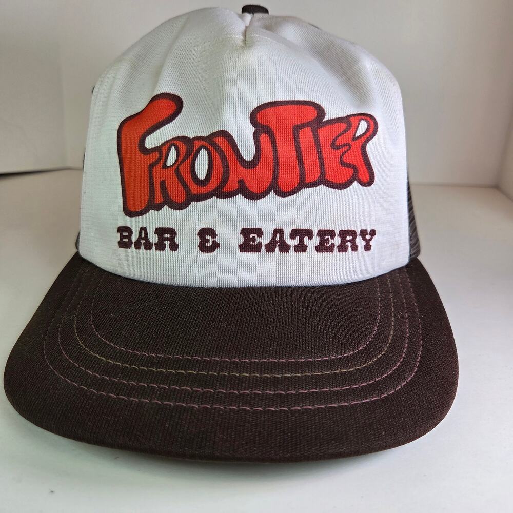 Vintage Frontier Bar & Eatery Trucker Hat Snapback Mesh Cap Brown White USA